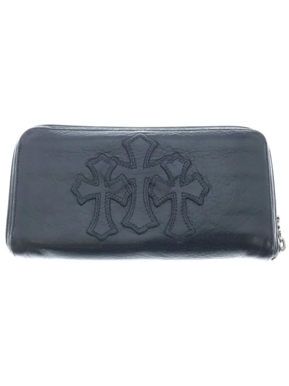Chrome Hearts Rec Zip 3 Cross Round Zip Leather Wallet Black